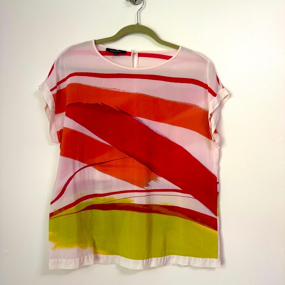 Lafayette 148 Samantha Silk Top Short Sleeve Tunic in Abstract Brush Strokes, M